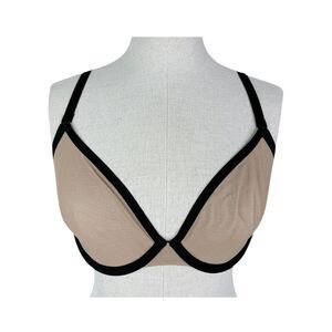 Cuup The Plunge Mesh Bra sz 34D * Tan Beige Nude Black Trim Shaping Lightweight